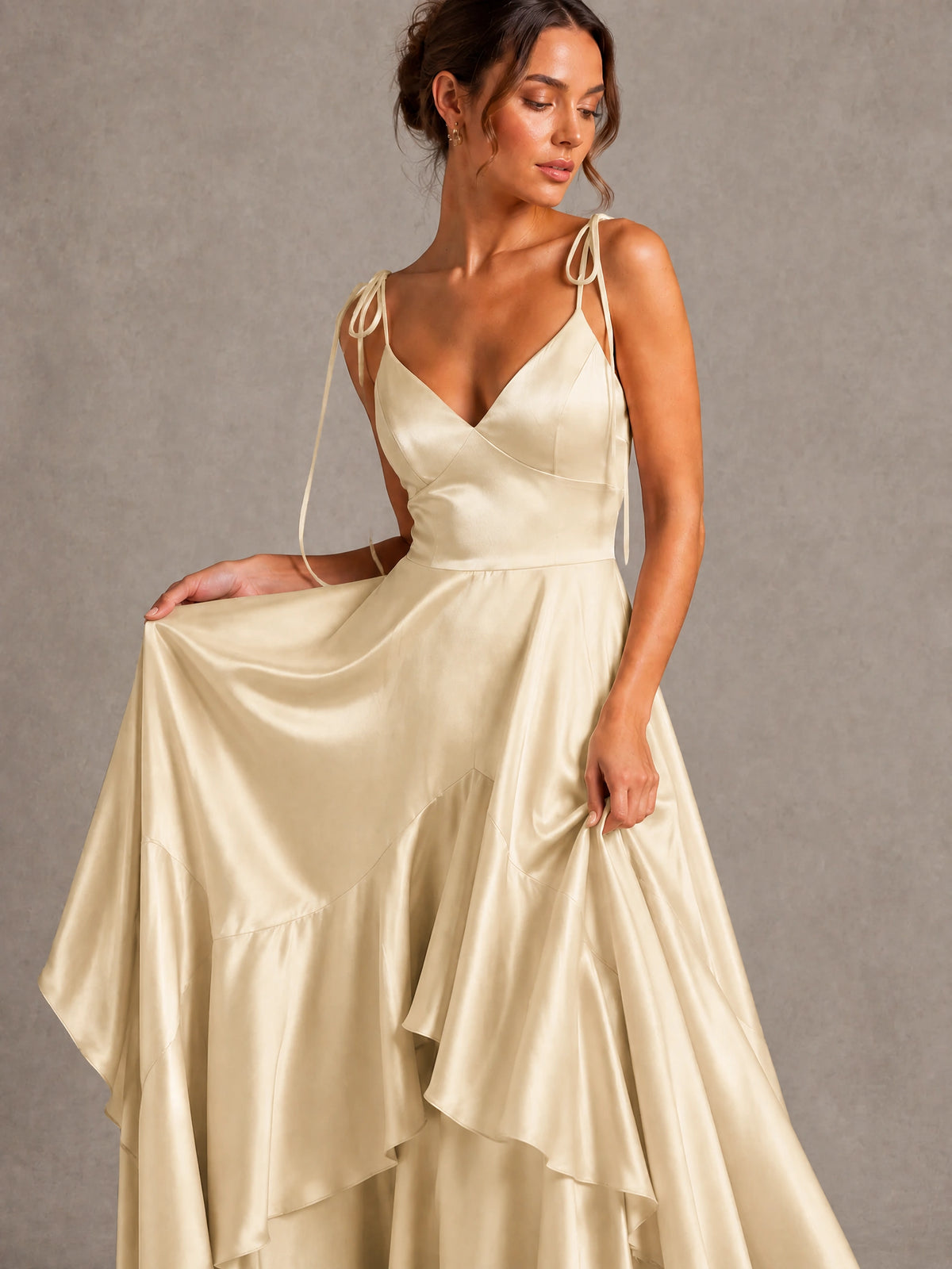 Lavender Satin V-Neck Ruffle Maxi Dress