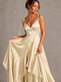 Lavender Satin V-Neck Ruffle Maxi Dress