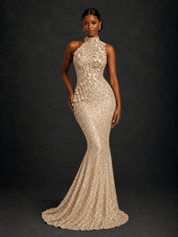 Sparkly Sequin High Neck Mermaid Prom Dress