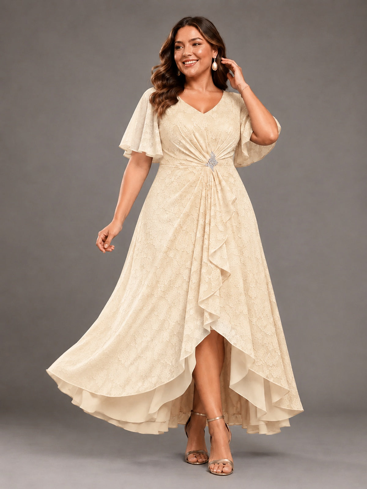 Jacquard Chiffon A-Line V-Neck High-Low Mother of the Bride Dress