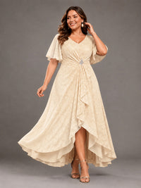 Jacquard Chiffon A-Line V-Neck High-Low Mother of the Bride Dress