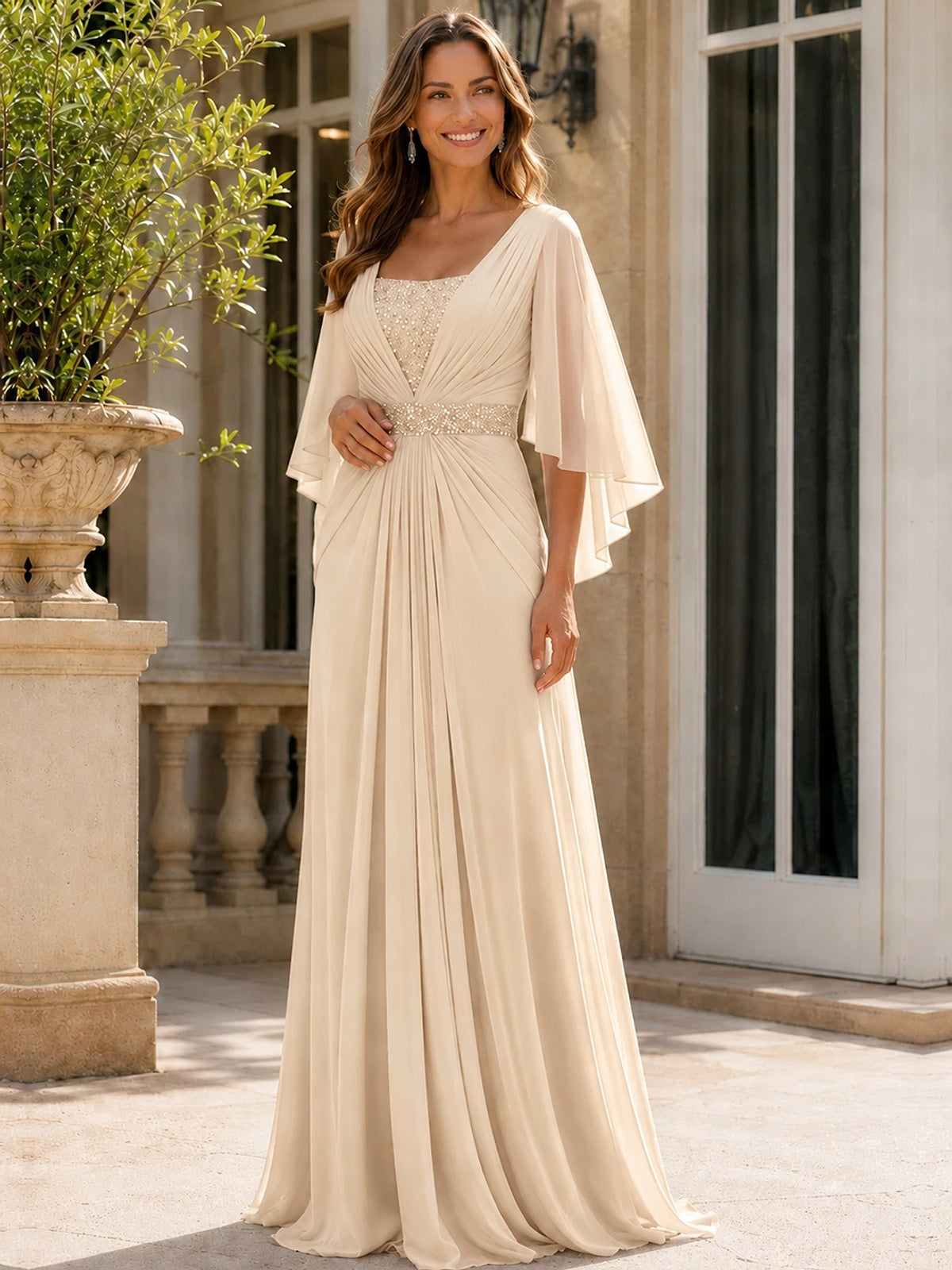 Elegant V-Neck Sequined Chiffon Mother of the Bride Dress with Flutter Sleeves