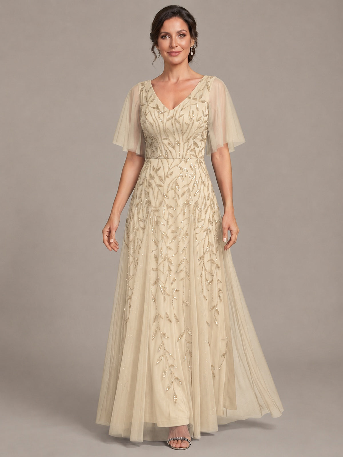 V-Neck Sequin Tulle Mother of the Bride Dress with Flutter Sleeve