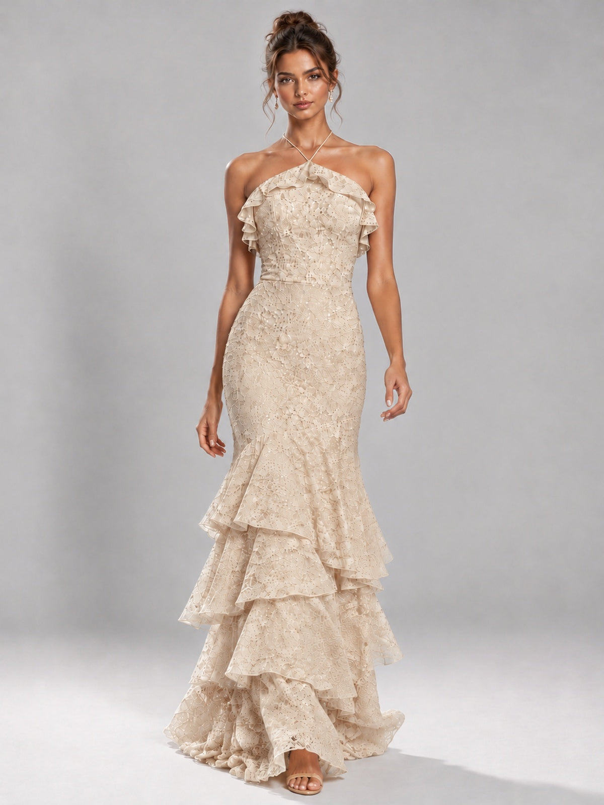 Halter Tiered Mermaid Prom Dress with Sparkly Lace