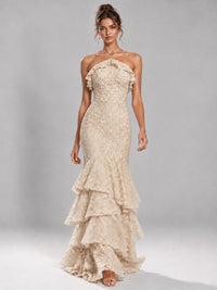 Halter Tiered Mermaid Prom Dress with Sparkly Lace