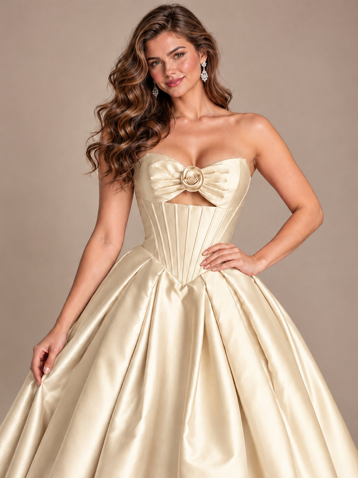Pink Strapless Corset Satin Prom Derss & Ball Gown with 3D Floral