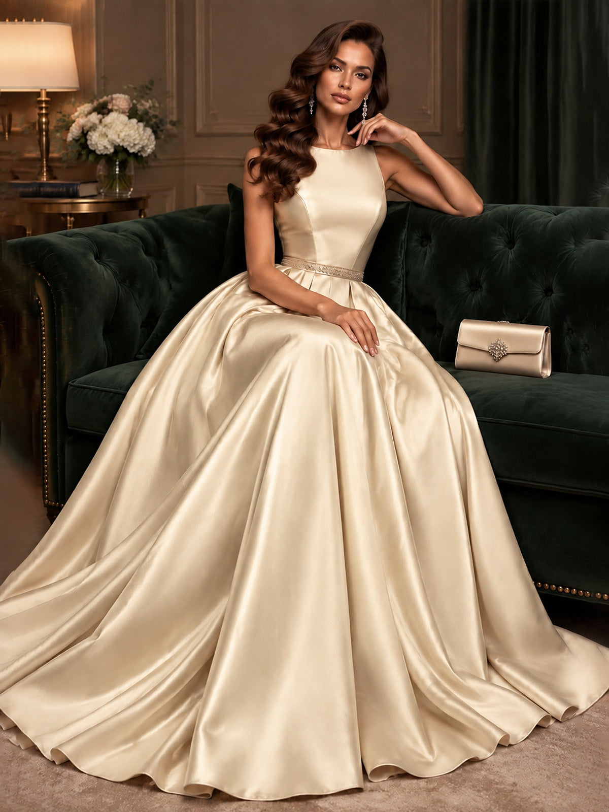 Satin A-Line Prom Dress Sleeveless Beaded Waist Formal Gown with Pockets