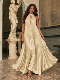 Rust Orange Pleated Halter Neck Maxi Dress