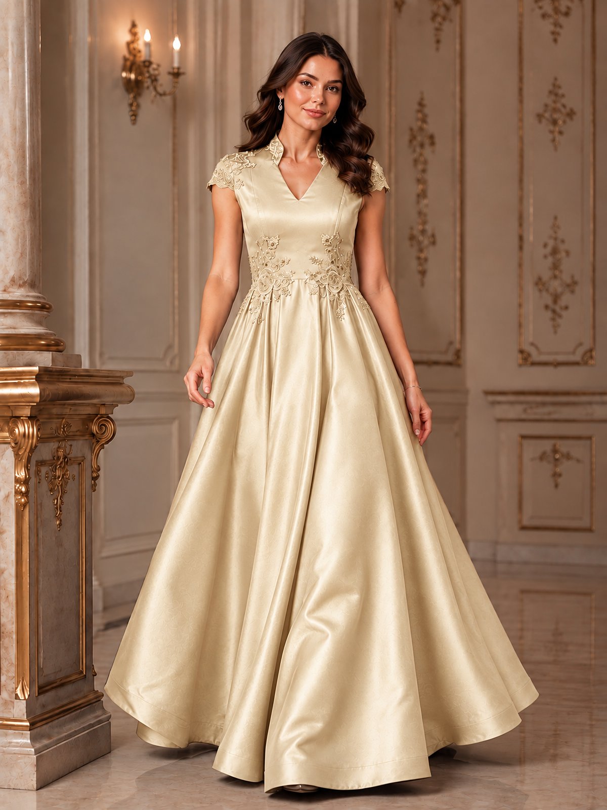 Lace Appliqué A-Line Satin Maxi Dress