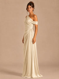 Satin One Shoulder Prom Dress Ruched Long Formal Evening Gown