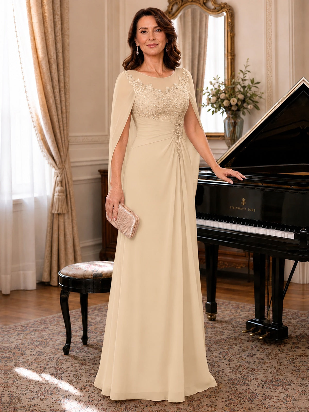 Elegant Applique Chiffon Mother of the Bride Dress with Cape Sleeves