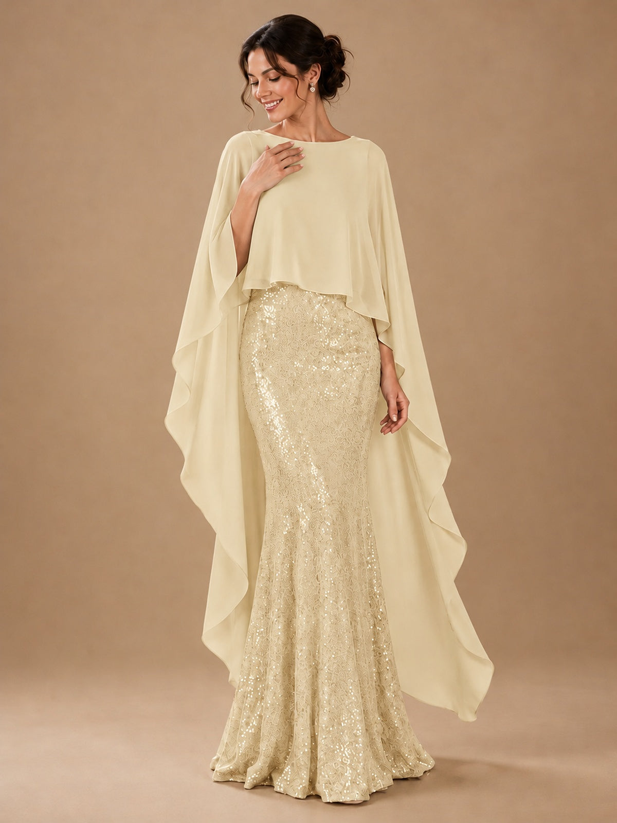 Sequin 2 Pieces Mother of the Bride Dress with Cap Sleeves Chiffon Formal Gowns