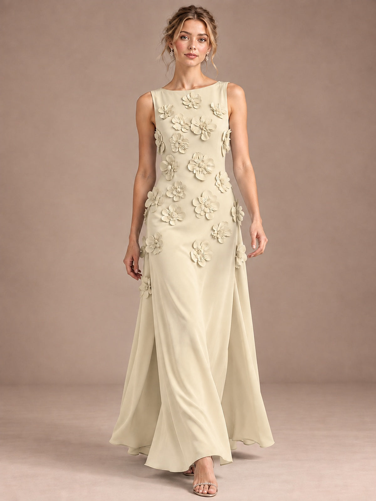 3D Floral Applique Sleeveless Formal Maxi Dress