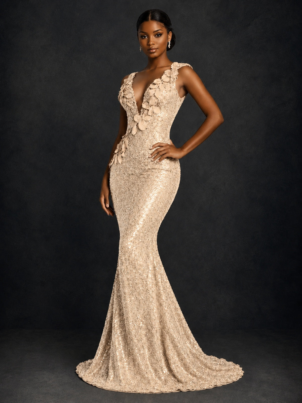 Gold Sequin Floral Applique Mermaid Prom Dress