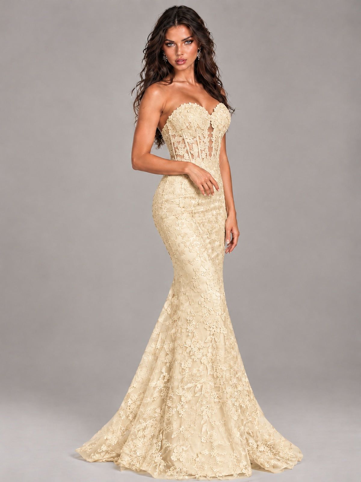 Strapless Corset Mermaid Prom Dress Lace Appliqué Formal Gown