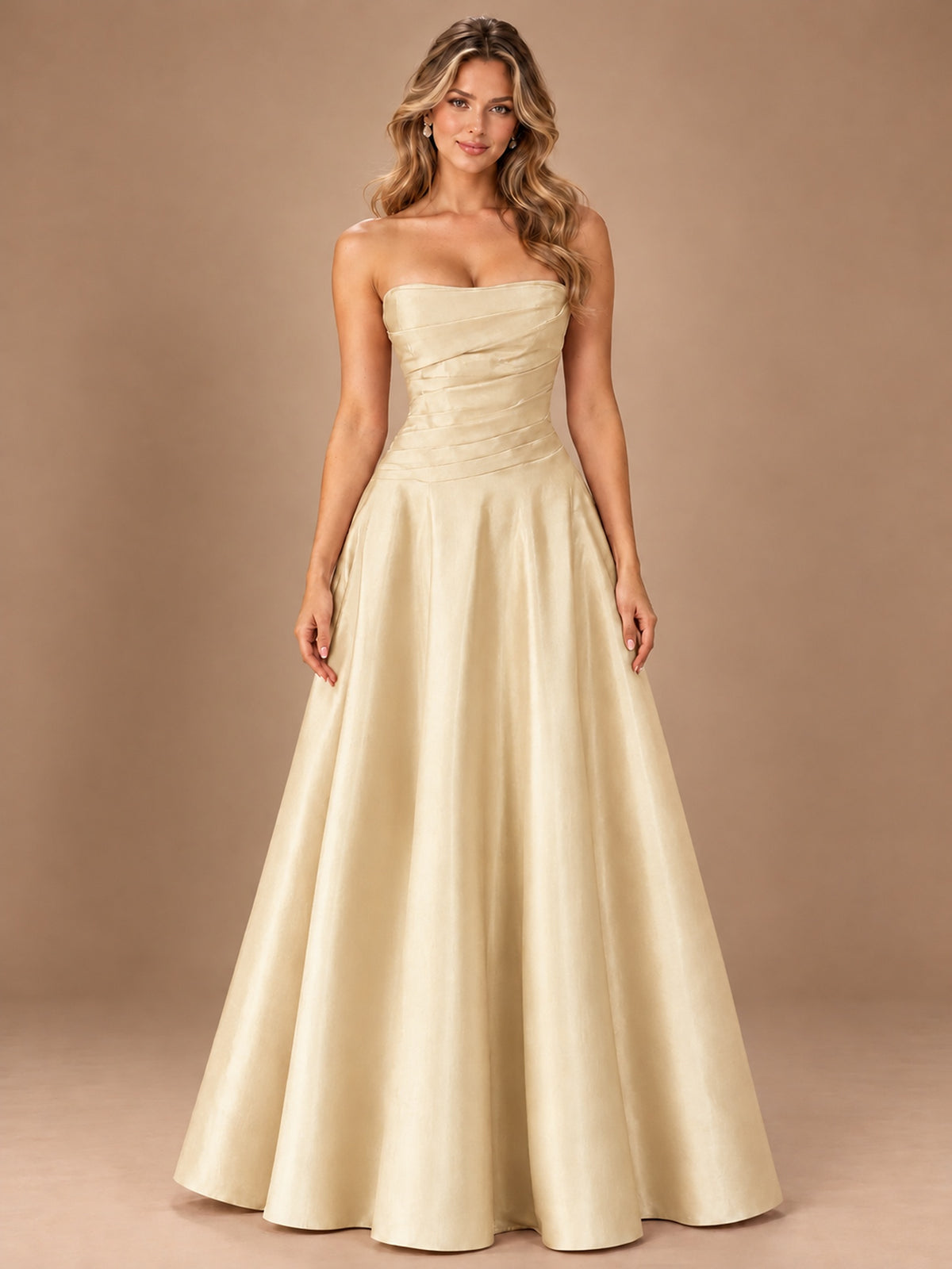 Blush Pink Strapless Satin A-Line Prom Dress with Ruched Bodice