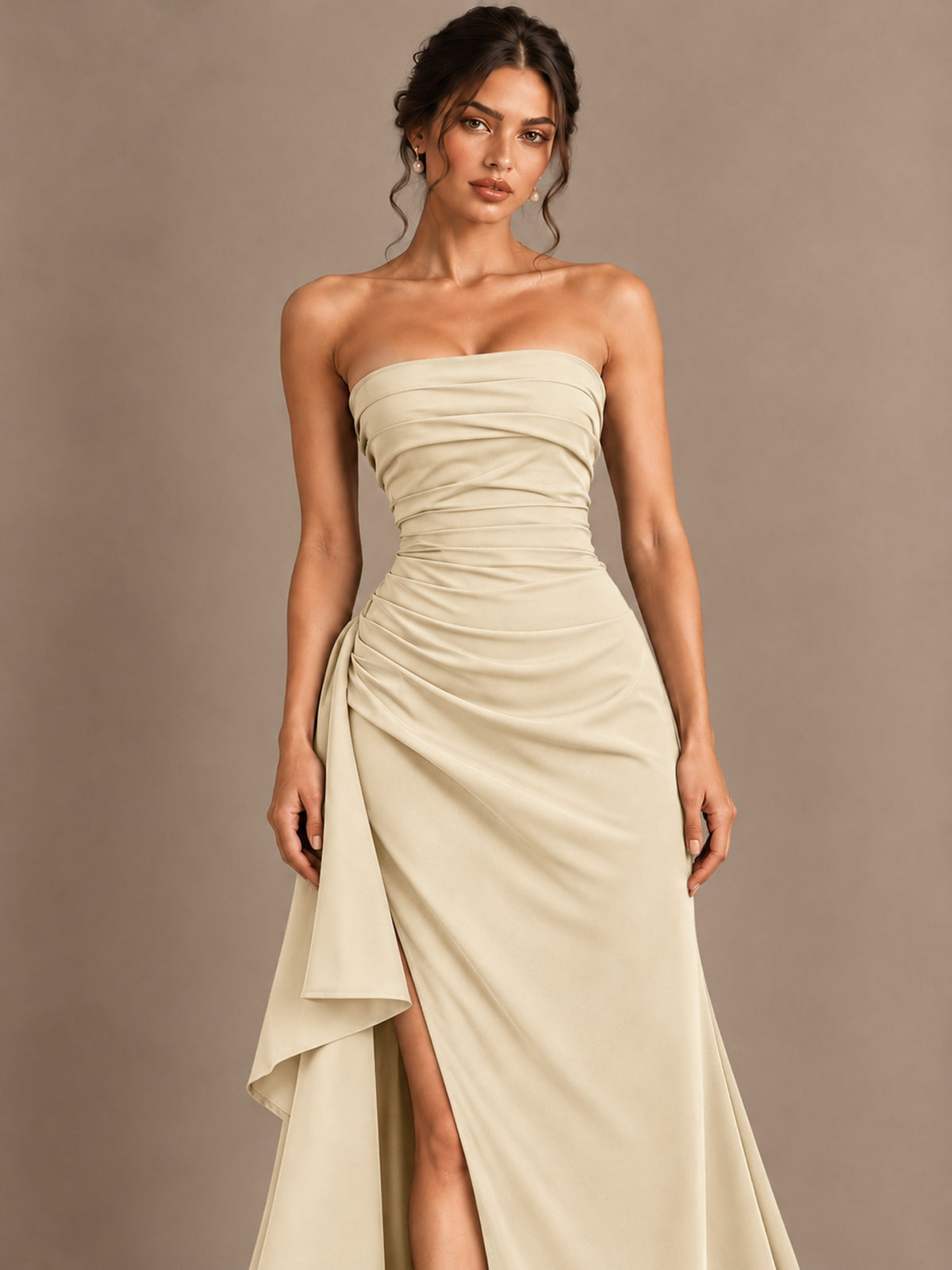 Black and White Strapless Ruched Prom Dress with High Slit & Side Drape