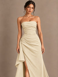 Black and White Strapless Ruched Prom Dress with High Slit & Side Drape