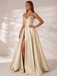 Strapless Corset Satin Prom Dress Long Evening Gown with High Slit