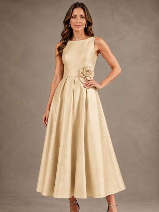 Tea-Length Satin Mother of the Bride Dress with 3D Flower Detail