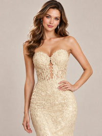 Strapless Corset Mermaid Prom Dress with Floral Lace Appliqué