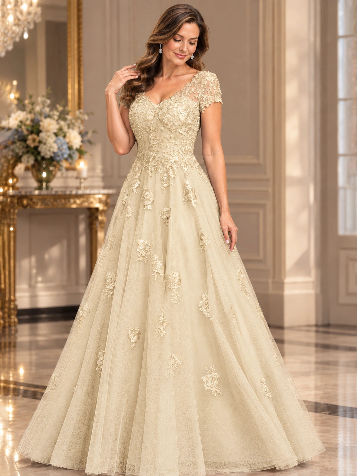 Lace Appliques A-line Mother of The Bride Dresses with Short Sleeves