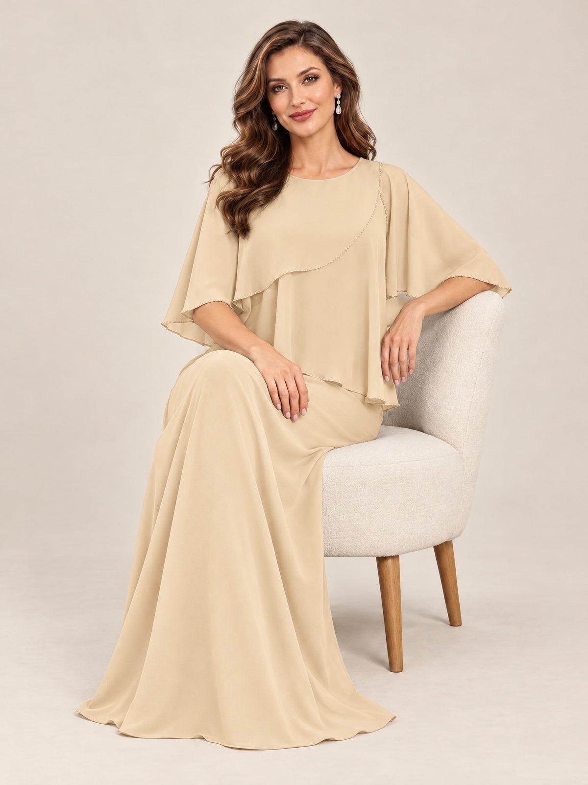 Cape Sleeve Mother of the Bride Dress with Asymmetrical Overlay
