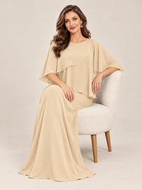 Cape Sleeve Mother of the Bride Dress with Asymmetrical Overlay