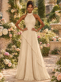 Wrap Pleated Prom Dress Halter A-line Chiffon Formal Wedding Dress