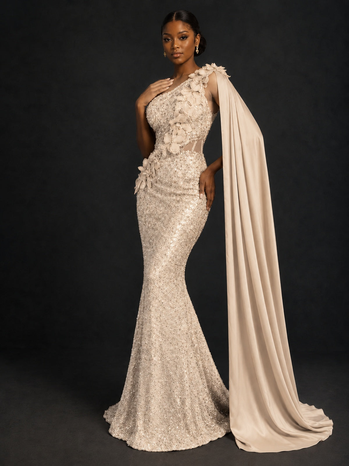 Gold Sequin One Shoulder Mermaid Prom Dress with Cape