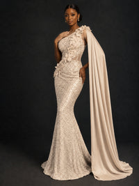 Gold Sequin One Shoulder Mermaid Prom Dress with Cape