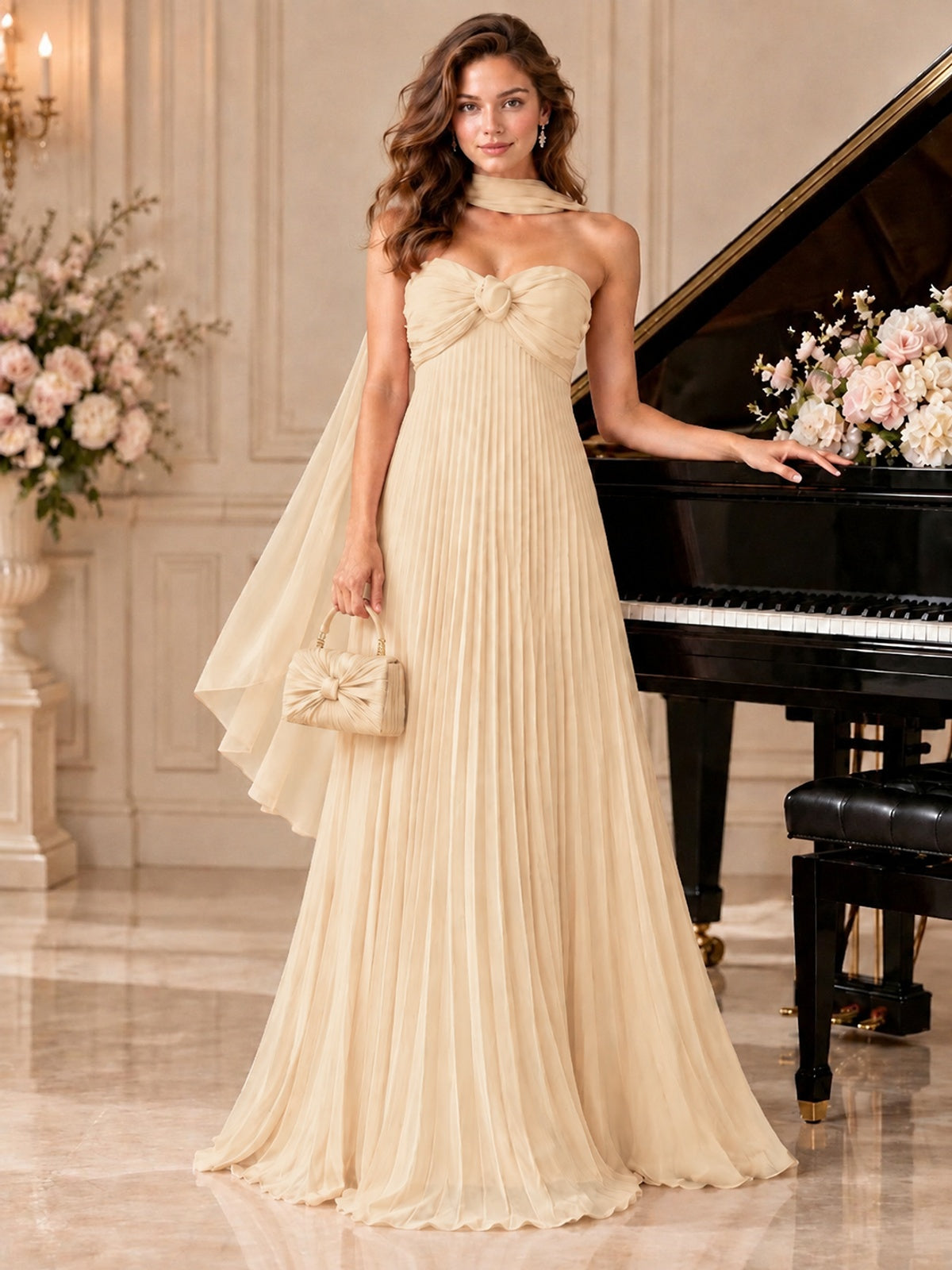 Sweetheart Neckline Pleated Prom Dress Strapless A-line Formal Dress with Flowy Scarf