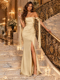 Off The Shuolder Satin Prom Dress Slit Mermaid Formal Gowns