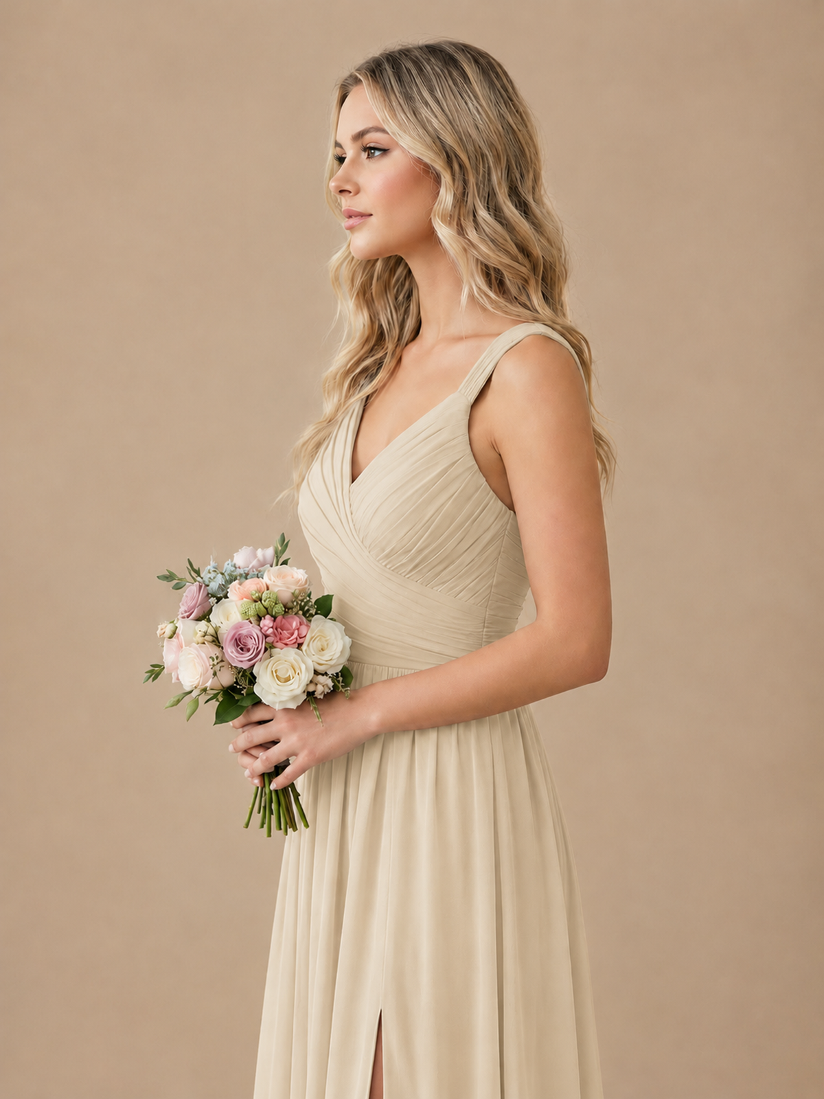 Pleated Chiffon V Neck Wedding Bridesmaid Dresses Floor Length with Slit