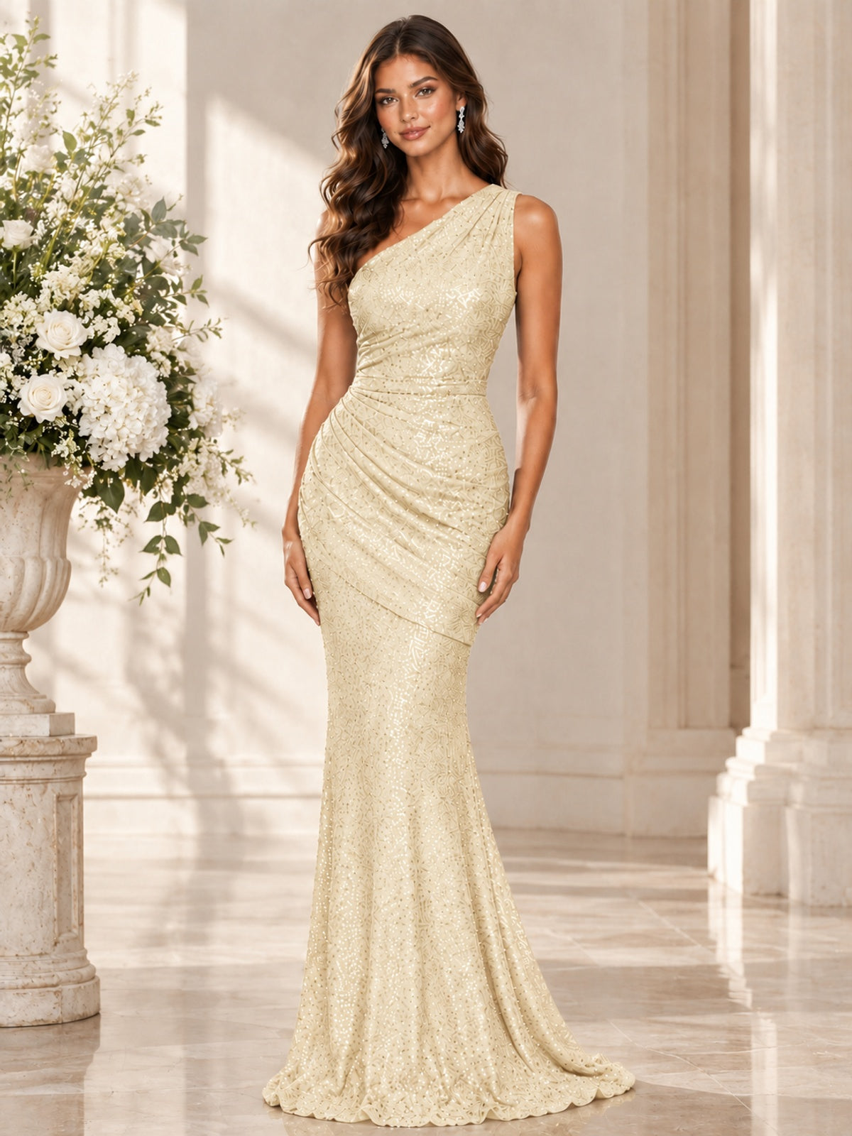 Sequin Mermaid One Shoulder Prom Dress Long formal Gown