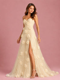 3D Floral Applique Strapless Tulle Prom Dress with High Slit