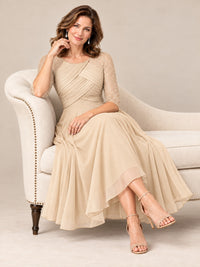 Tea-Length Mother of the Bride Dress with Lace 3/4 Sleeves