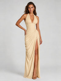 Ruched Halter Neck High-Slit Prom & Evening Dress