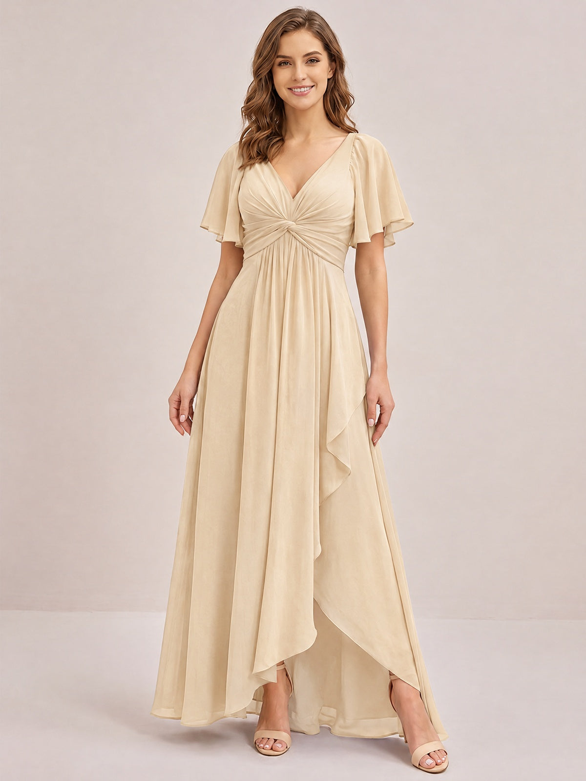 Dusty Blue Chiffon Bridesmaid Dress with Flutter Sleeves & High-Low Hem
