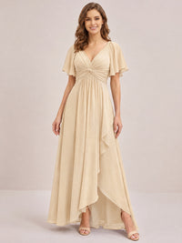 Dusty Blue Chiffon Bridesmaid Dress with Flutter Sleeves & High-Low Hem