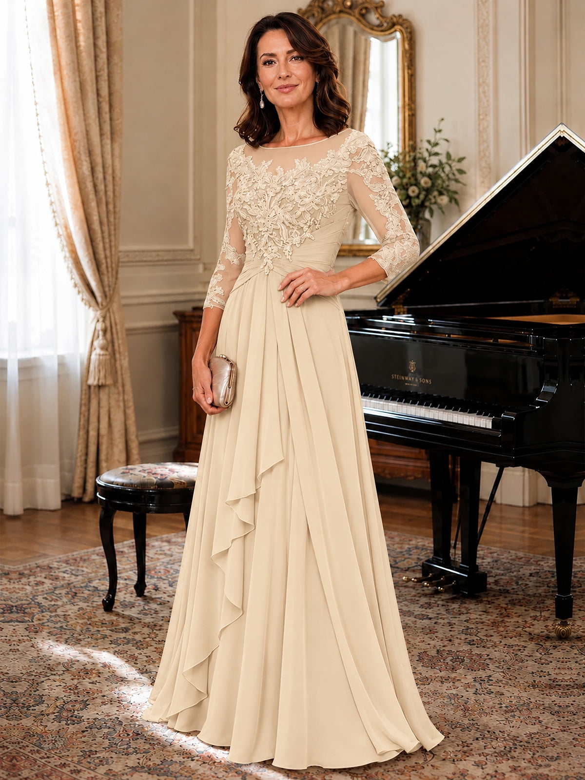 A-Line Chiffon Mother of the Bride Dress with Floral Applique 3/4 Sleeves