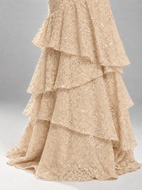 Halter Tiered Mermaid Prom Dress with Sparkly Lace