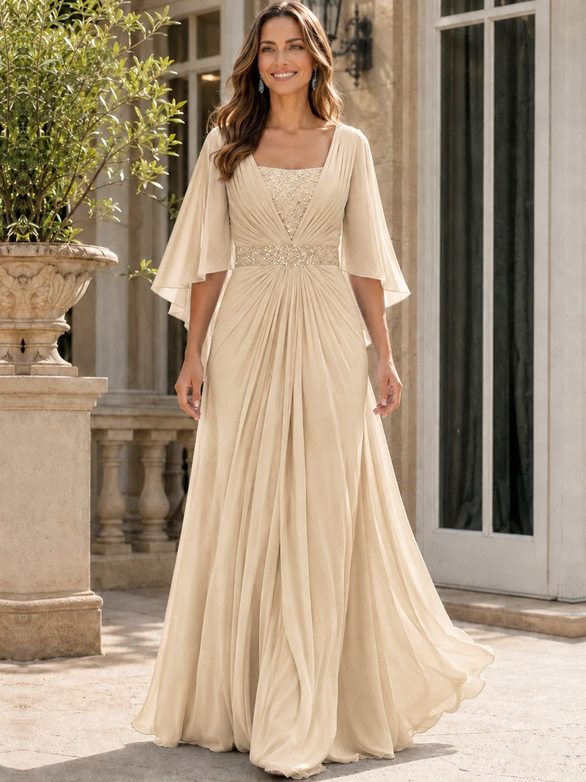 Elegant V-Neck Sequined Chiffon Mother of the Bride Dress with Flutter Sleeves