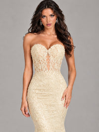 Strapless Corset Mermaid Prom Dress Lace Appliqué Formal Gown