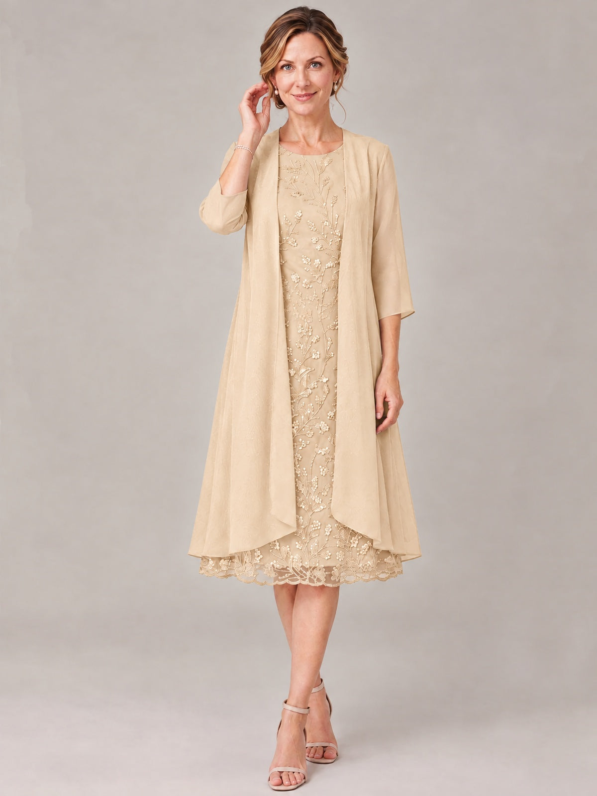 Tea Length Sequin Lace Mother of The Bride Dress with Chiffon Jacket