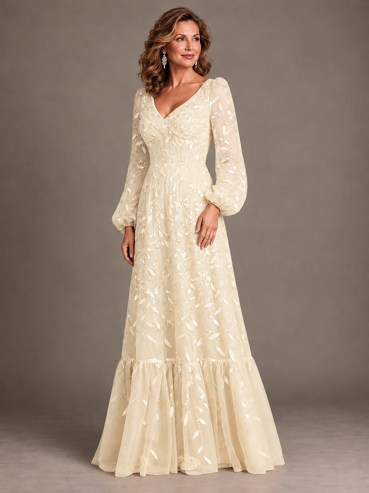 Floral Sequin Embroidered A-Line Mother of the Bride Dress with Long Sleeves