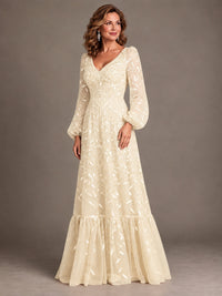 Floral Sequin Embroidered A-Line Mother of the Bride Dress with Long Sleeves