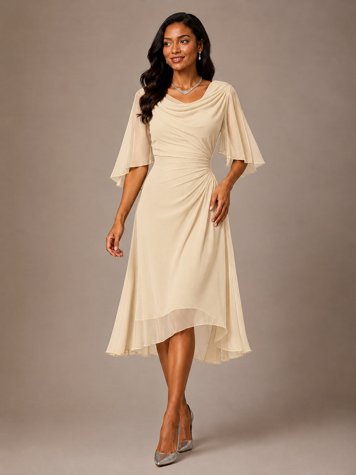 Cowl Neck Ruched Chiffon Mother of the Bride Dresses with Flutter Sleeves