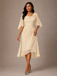 Cowl Neck Ruched Chiffon Mother of the Bride Dresses with Flutter Sleeves