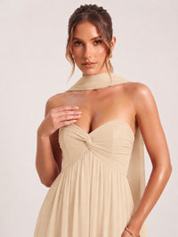 Strapless Ruched Chiffon Long Prom Dress with Scarf